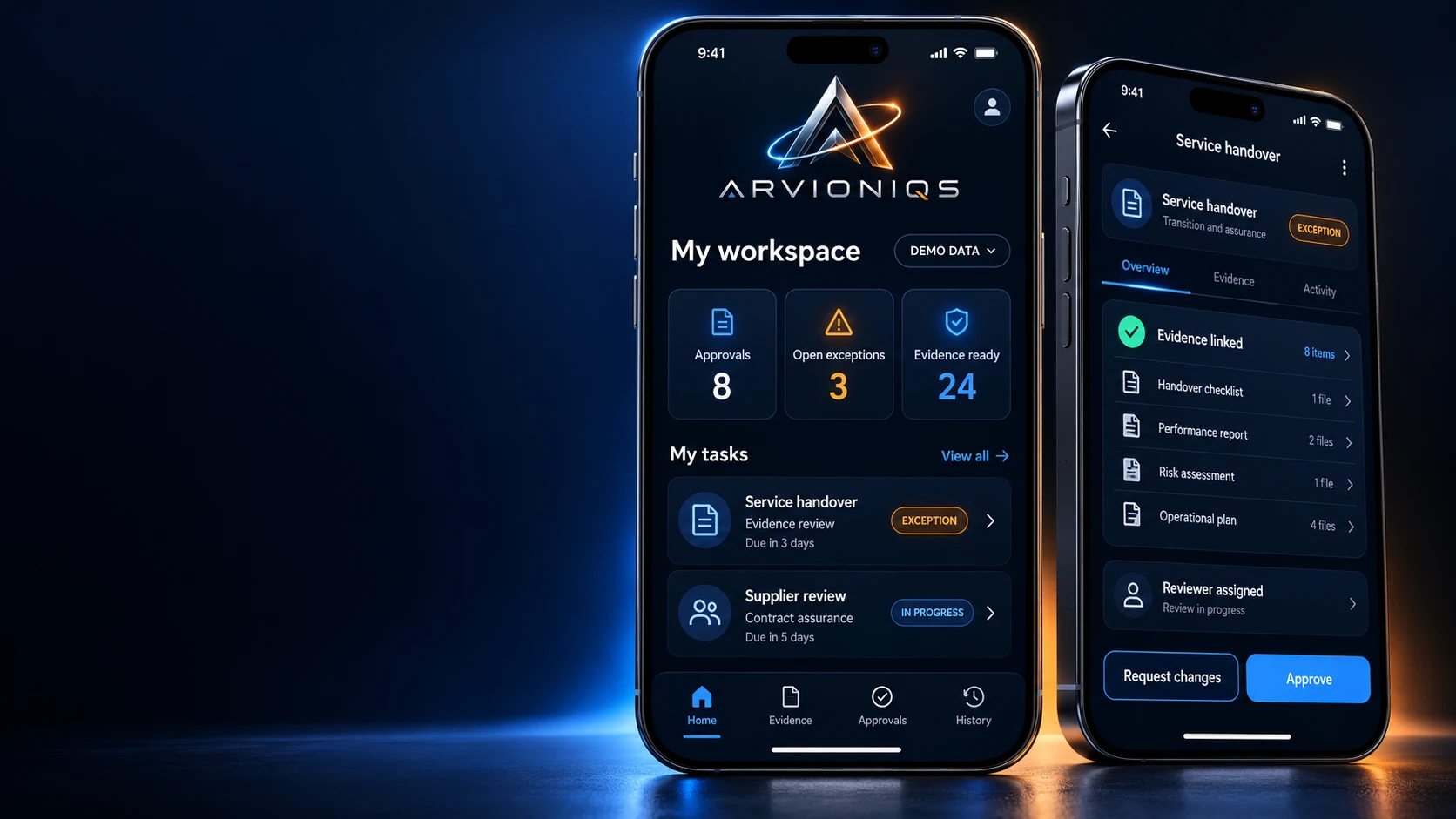 Two conceptual iPhone app screens displaying an ARVIONIQS workspace and approval review; demonstration data