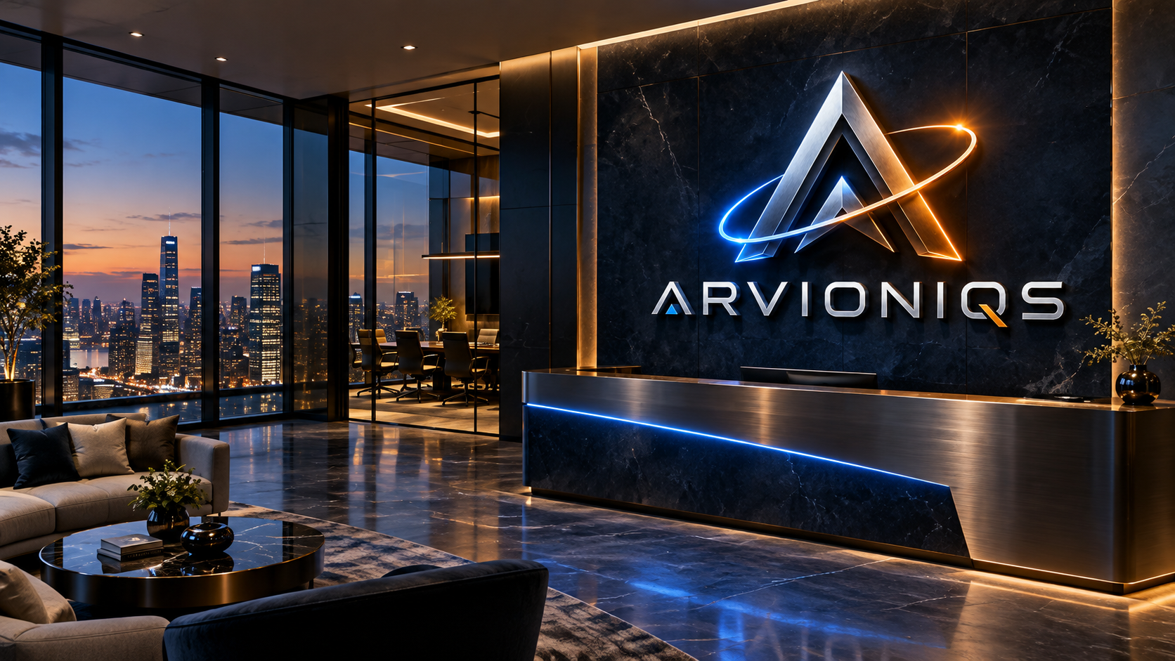ARVIONIQS office concept with the existing metallic A, blue-and-orange orbit and illuminated ARVIONIQS signage